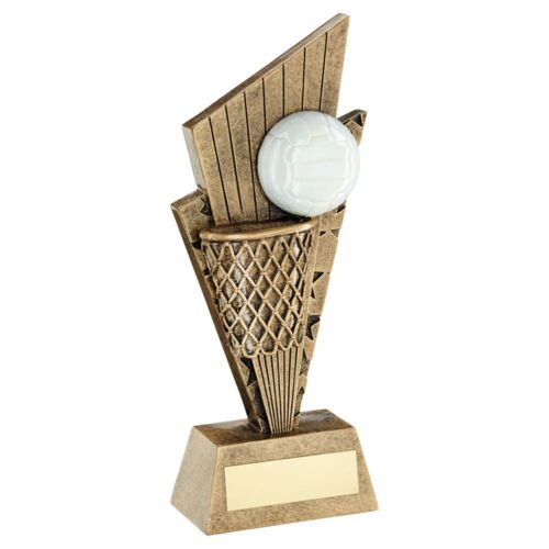 Bronze/Gold/White Netball And Net On Pointed Backdrop With Plate - 7" Thumbnail