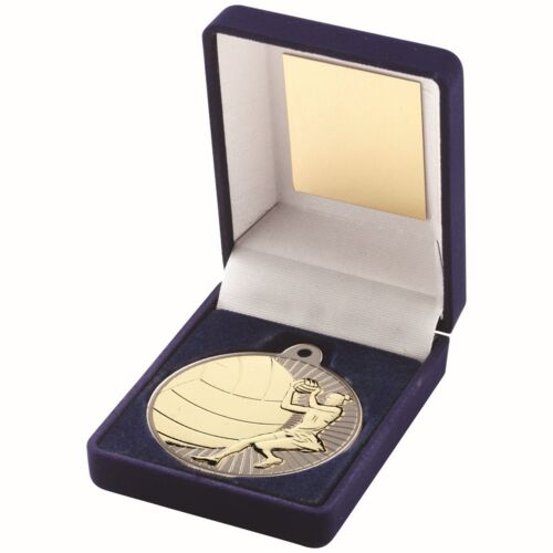 Blue Velvet Box And 50Mm Netball Medal Trophy - Matt Silver/Gold 3.5" Thumbnail