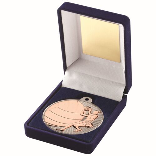 Blue Velvet Box And 50Mm Netball Medal Trophy - Matt Silver/Bronze 3.5" Thumbnail