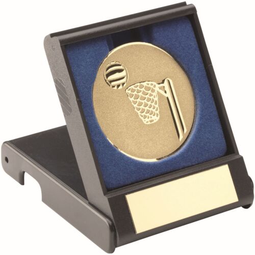 Black Plastic Box With Netball Insert Trophy - Gold 3.5" Thumbnail