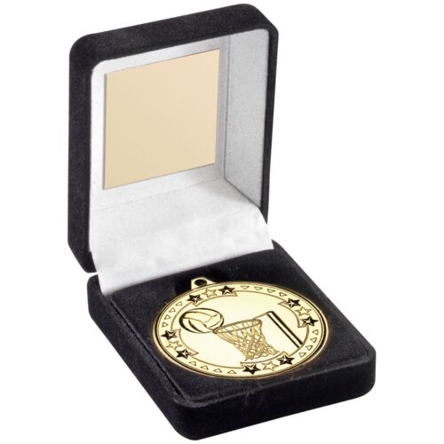 Black Velvet Medal Box And 50Mm Medal Netball Trophy - Gold 3.5" Thumbnail