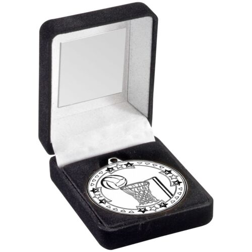 Black Velvet Medal Box And 50Mm Medal Netball Trophy - Silver 3.5" Thumbnail