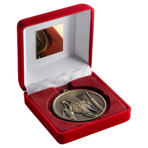 Red Velvet Box And 60Mm Medal Netball Trophy - Antique Gold 4" Thumbnail