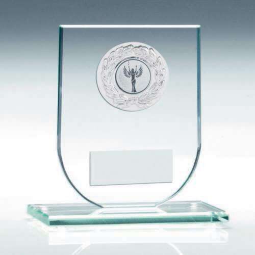 Jade Glass Shield Plaque With Silver Round Metal Trim Trophy - 4.25" Thumbnail