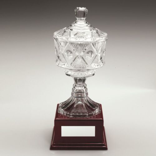 Clear Glass Cup On Wood Base With Plate - 13.25" Thumbnail