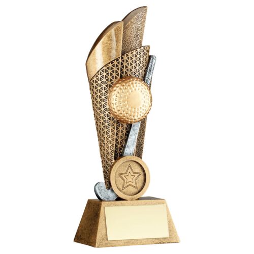 Bronze/Pewter/Gold Hockey Ball And Stick On Backdrop With Plate - 6" Thumbnail