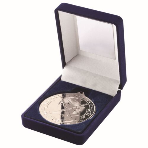Blue Velvet Box And 50Mm Medal Hockey Trophy - Silver 3.5" Thumbnail