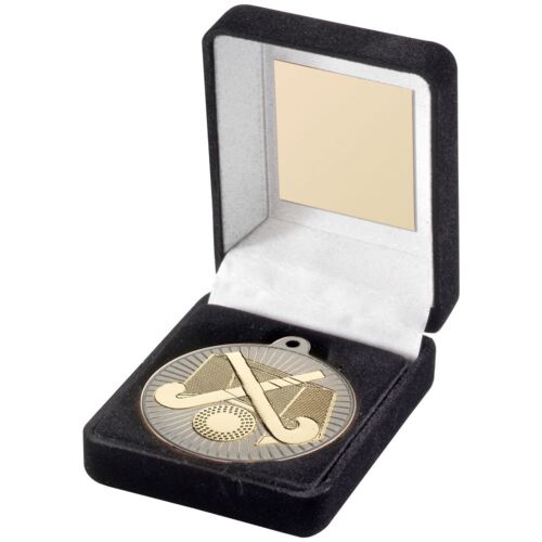 Black Velvet Box And 50Mm Hockey Medal Trophy - Matt Silver/Gold 3.5" Thumbnail