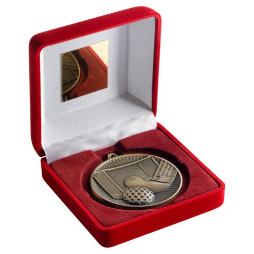 Red Velvet Box And 60Mm Medal Hockey Trophy - Antique Gold - 4" Thumbnail