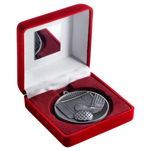 Red Velvet Box And 60Mm Medal Hockey Trophy - Antique Silver - 4" Thumbnail