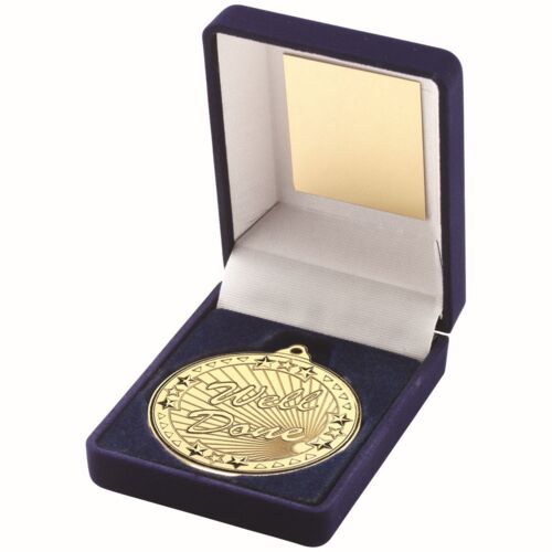 Blue Velvet Box And 50Mm Gold Medal Well Done Trophy - 3.5" Thumbnail
