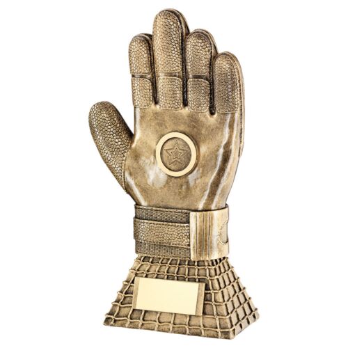 Bronze/Gold Football Goalkeeper Glove On Net Base With Plate  - 10" Thumbnail