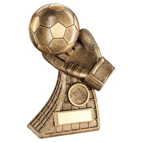Bronze/Gold Football And Goalkeeper Glove On Net Base With Plate  - 7.25" Thumbnail