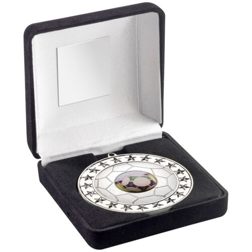 Black Velvet Box And 70Mm Football Medal Trophy  - Silver 4" Thumbnail