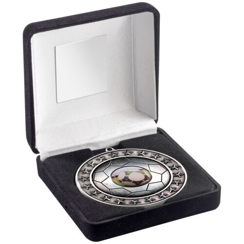 Black Velvet Box And 70Mm Football Medal Trophy  - Antique Silver 4" Thumbnail