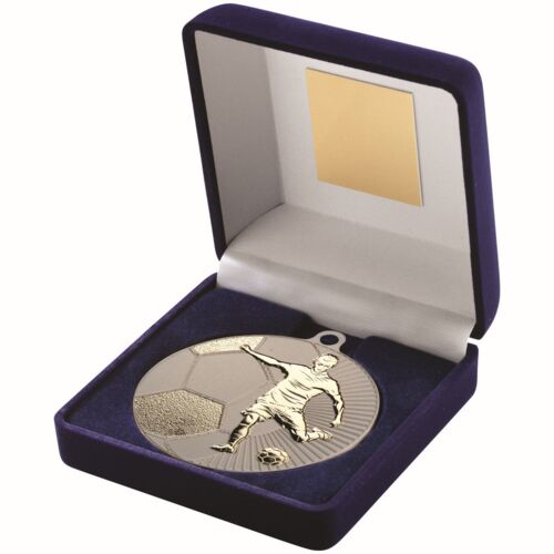 Blue Velvet Box And 70Mm Football Medal Trophy - Matt Silver/Gold 4" Thumbnail