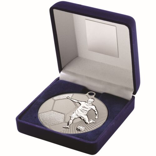 Blue Velvet Box And 70Mm Football Medal Trophy - Matt Silver/Silver 4" Thumbnail