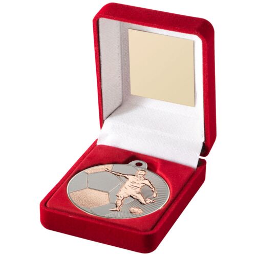 Red Velvet Box And 50Mm Football Medal Trophy - Matt Silver/Bronze 3.5" Thumbnail