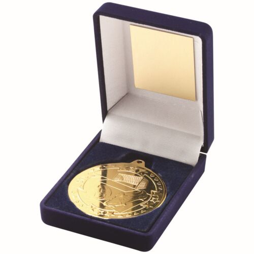 Blue Velvet Box And 50Mm Medal Football Trophy - Gold 3.5" Thumbnail