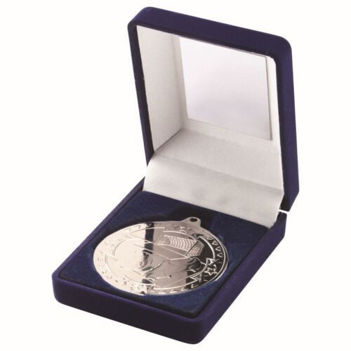 Blue Velvet Box And 50Mm Medal Football Trophy - Silver 3.5" Thumbnail