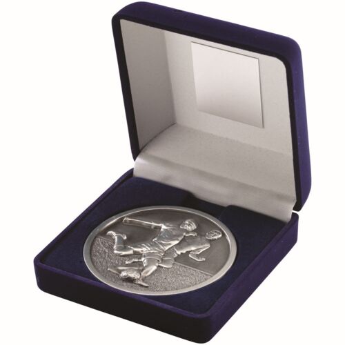 Blue Velvet Box And 70Mm Medallion Football Trophy - Antique Silver 4" Thumbnail