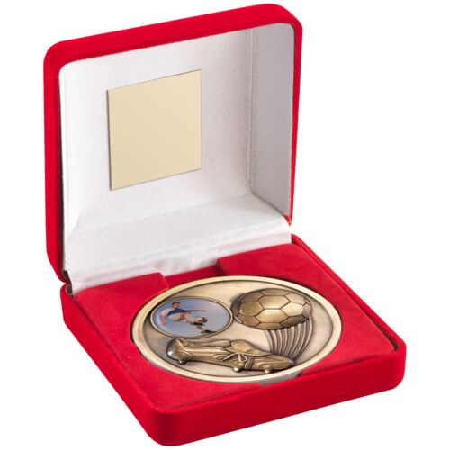 Red Velvet Box And 70Mm Medallion Football Trophy - Antique Gold  4" Thumbnail