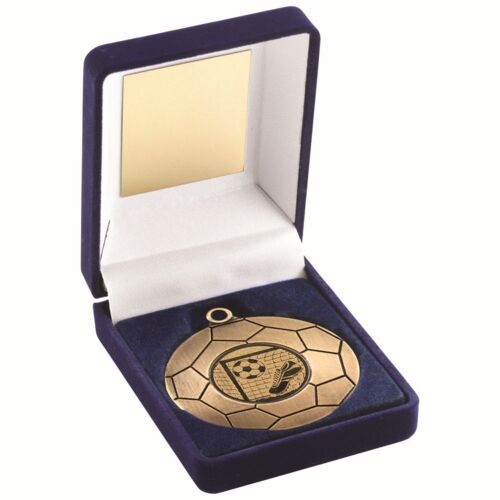 Blue Velvet Box And 50Mm Football Medal Trophy Antique Gold  - 3.5" Thumbnail