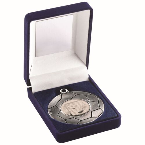 Blue Velvet Box And 50Mm Football Medal Trophy Antique Silver  - 3.5" Thumbnail