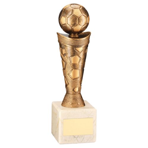 Bronze/Gold Plastic Football Figure On Cream Marble Trophy - 9" Thumbnail