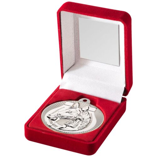 Red Velvet Box And 50Mm Horse Medal Trophy - Matt Silver/Silver 3.5" Thumbnail