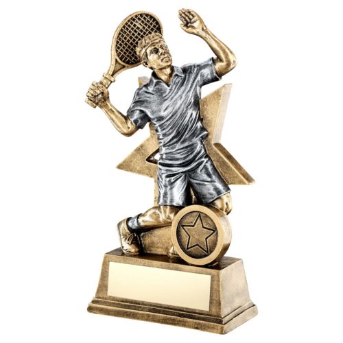 Bronze/Gold/Pew Male Tennis Figure With Star Backing With Plate  - 9" Thumbnail