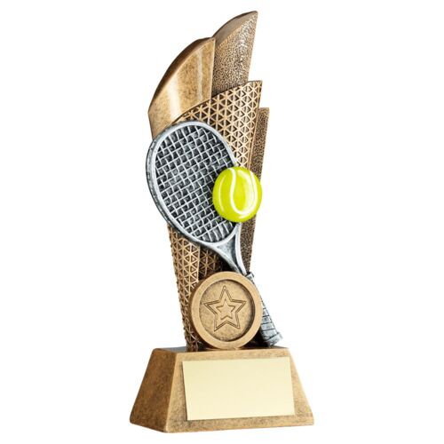 Brz/Pew/Yellow Tennis Ball And Racket On Backdrop With Plate - 5" Thumbnail