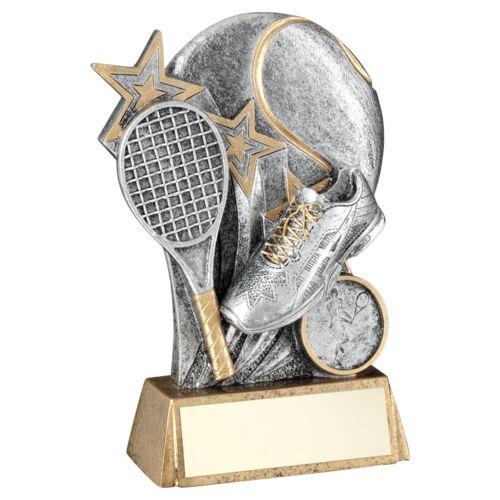 Pew/Gold Tennis Ball With Racket On Brz Base With Plate - 5.25" Thumbnail