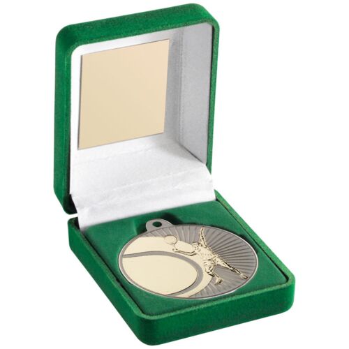 Green Velvet Box And 50Mm Tennis Medal Trophy - Matt Silver/Gold 3.5" Thumbnail