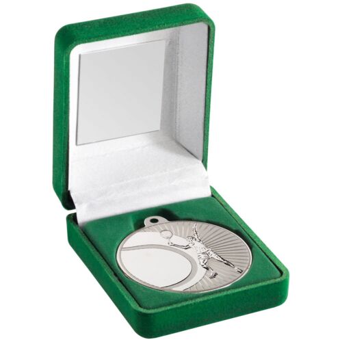 Green Velvet Box And 50Mm Tennis Medal Trophy - Matt Silver/Silver 3.5" Thumbnail