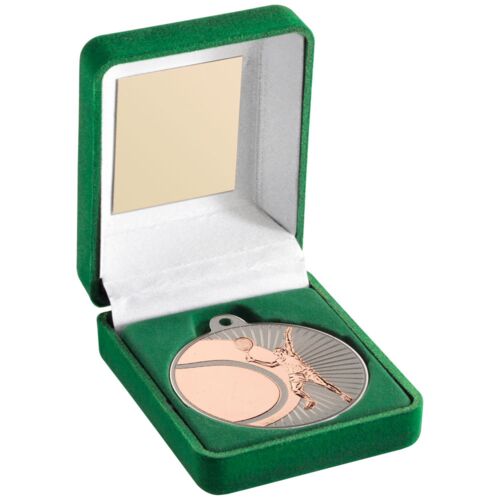 Green Velvet Box And 50Mm Tennis Medal Trophy - Matt Silver/Bronze 3.5" Thumbnail