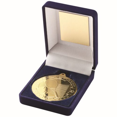 Blue Velvet Box And 50Mm Medal Tennis Trophy - Gold 3.5" Thumbnail