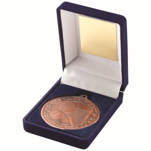Blue Velvet Box And 50Mm Medal Tennis Trophy - Bronze 3.5" Thumbnail