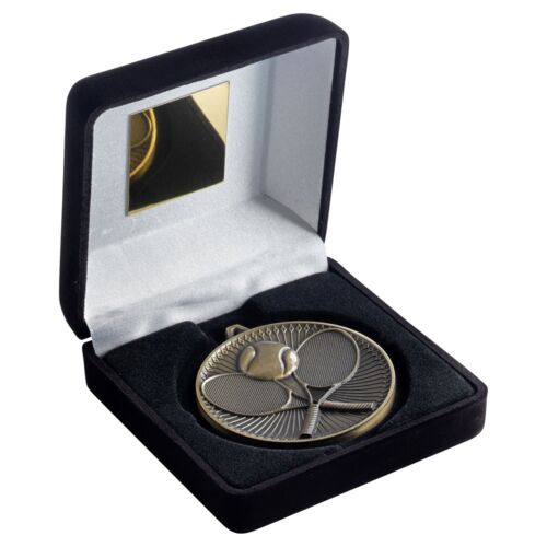 Black Velvet Box And 60Mm Medal Tennis Trophy - Antique Gold - 4" Thumbnail
