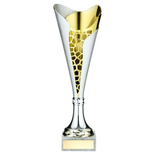 Silver/Gold Plastic Stippled Trophy Cup With Plate - 13" Thumbnail