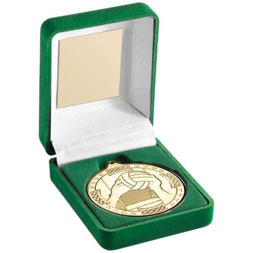 Green Velvet Box And 50Mm Medal Gaelic Football Trophy - Gold 3.5" Thumbnail