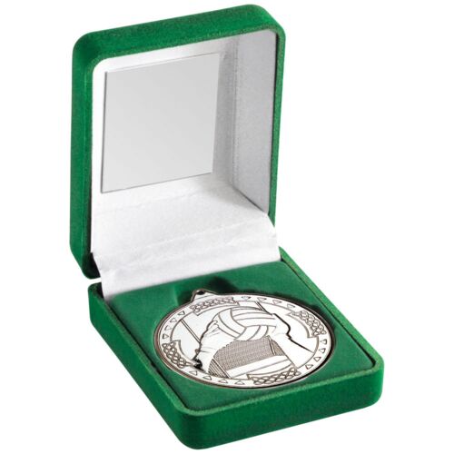 Green Velvet Box And 50Mm Medal Gaelic Football Trophy - Silver 3.5" Thumbnail