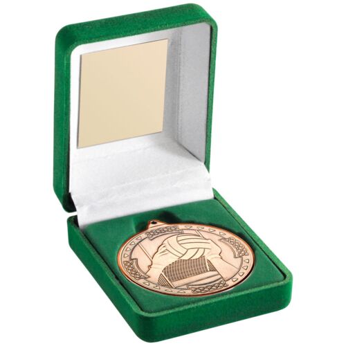 Green Velvet Box And 50Mm Medal Gaelic Football Trophy - Bronze 3.5" Thumbnail