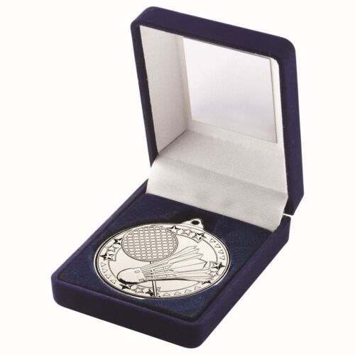 Blue Velvet Box And 50Mm Medal Badminton Trophy - Silver - 3.5" Thumbnail