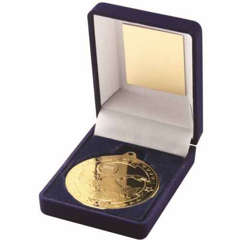 Blue Velvet Box And 50Mm Medal Swimming Trophy - Gold 3.5" Thumbnail