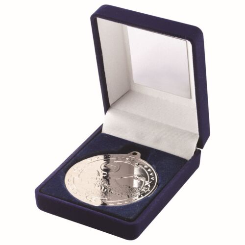 Blue Velvet Box And 50Mm Medal Swimming Trophy - Silver 3.5" Thumbnail
