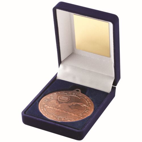 Blue Velvet Box And 50Mm Medal Swimming Trophy - Bronze 3.5" Thumbnail