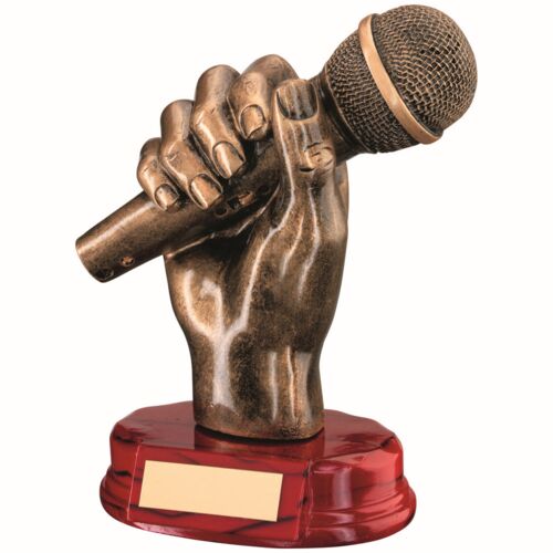 Bronze/Gold Resin Microphone in Hand With Plate - 7" Thumbnail