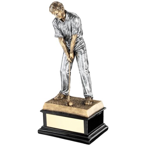 Bronze/Pew 'Start Of Swing' Golfer On Black Base With Plate - 12.5" Thumbnail