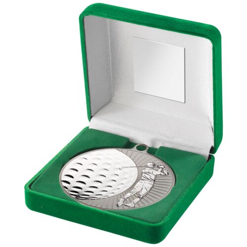 Green Velvet Box And 70Mm Golf Medal Trophy - Matt Silver/Silver 4" Thumbnail